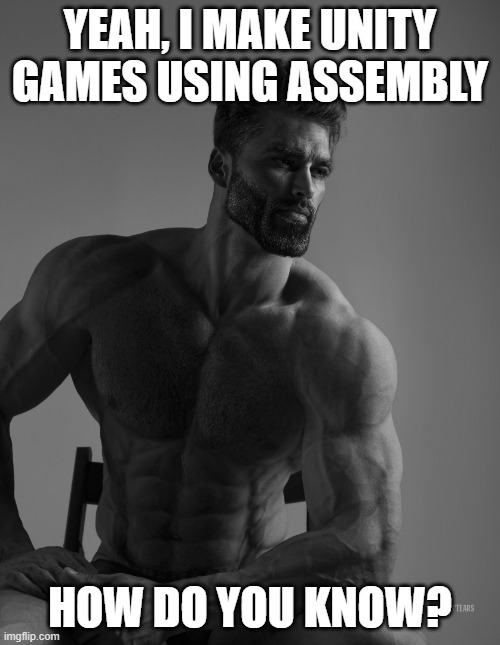 yes | YEAH, I MAKE UNITY GAMES USING ASSEMBLY; HOW DO YOU KNOW? | image tagged in giga chad | made w/ Imgflip meme maker