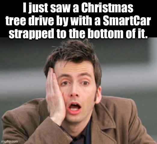 Xmas | I just saw a Christmas tree drive by with a SmartCar strapped to the bottom of it. | image tagged in face palm | made w/ Imgflip meme maker