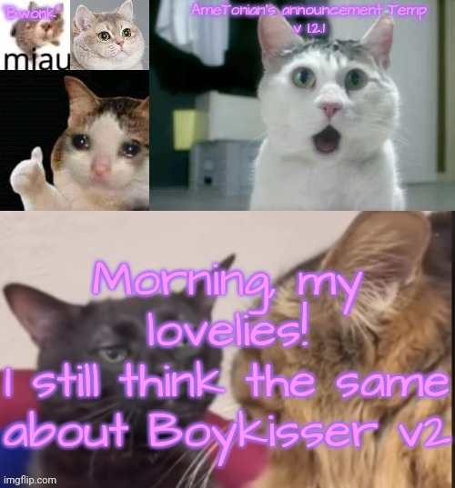 AmeTonian's announcement Temp v 1.2.1 | Morning, my lovelies!
I still think the same about Boykisser v2 | image tagged in ametonian's announcement temp v 1 2 1 | made w/ Imgflip meme maker