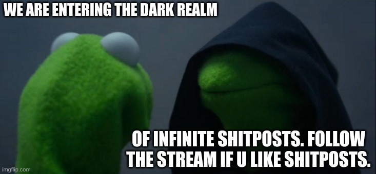 we do not fucking care about swear words. take out all your anger here | WE ARE ENTERING THE DARK REALM; OF INFINITE SHITPOSTS. FOLLOW THE STREAM IF U LIKE SHITPOSTS. | image tagged in memes,evil kermit | made w/ Imgflip meme maker