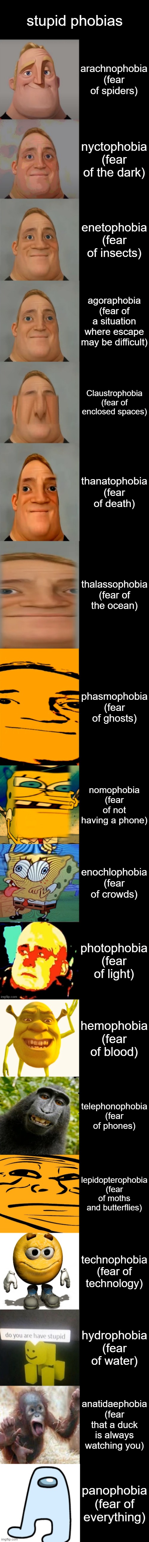 stupid phobias | stupid phobias; arachnophobia
(fear of spiders); nyctophobia
(fear of the dark); enetophobia
(fear of insects); agoraphobia
(fear of a situation where escape may be difficult); Claustrophobia
(fear of enclosed spaces); thanatophobia
(fear of death); thalassophobia
(fear of the ocean); phasmophobia
(fear of ghosts); nomophobia
(fear of not having a phone); enochlophobia
(fear of crowds); photophobia
(fear of light); hemophobia
(fear of blood); telephonophobia
(fear of phones); lepidopterophobia
(fear of moths and butterflies); technophobia
(fear of technology); hydrophobia
(fear of water); anatidaephobia
(fear that a duck is always watching you); panophobia
(fear of everything) | image tagged in mr incredible becoming idiot very extended,memes | made w/ Imgflip meme maker