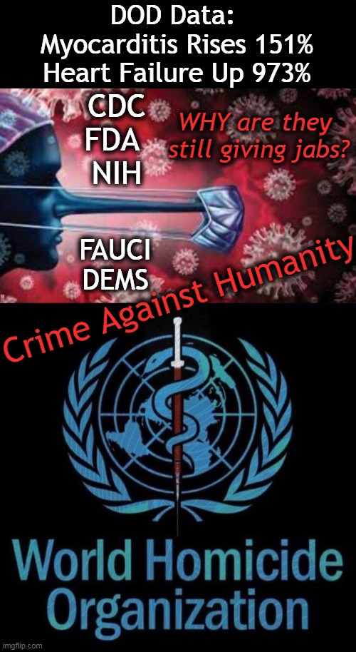 Medical Malpractice | DOD Data: 

Myocarditis Rises 151%

Heart Failure Up 973%; WHY are they 
still giving jabs? CDC
FDA 
NIH; FAUCI
DEMS; Crime Against Humanity | image tagged in politics,covid-19,vaccine,injury,statistics,department of defense | made w/ Imgflip meme maker