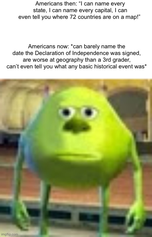 I fr had one friend who said the decl. Of inde. Was signed jun. 6 1976 like bruh how we so dumb | Americans then: “I can name every state, I can name every capital, I can even tell you where 72 countries are on a map!”; Americans now: *can barely name the date the Declaration of Independence was signed, are worse at geography than a 3rd grader, can’t even tell you what any basic historical event was* | image tagged in sully wazowski | made w/ Imgflip meme maker