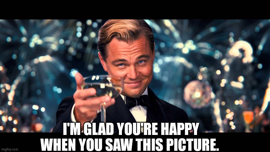 lionardo dicaprio thank you | I'M GLAD YOU'RE HAPPY WHEN YOU SAW THIS PICTURE. | image tagged in lionardo dicaprio thank you | made w/ Imgflip meme maker