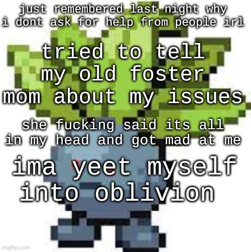a | just remembered last night why i dont ask for help from people irl; tried to tell my old foster mom about my issues; she fucking said its all in my head and got mad at me; ima yeet myself into oblivion | image tagged in oddish straight face | made w/ Imgflip meme maker