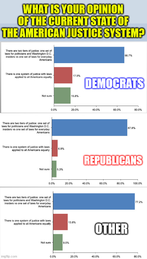 WHAT IS YOUR OPINION OF THE CURRENT STATE OF THE AMERICAN JUSTICE SYSTEM? DEMOCRATS REPUBLICANS OTHER | made w/ Imgflip meme maker