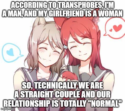 ACCORDING TO TRANSPHOBES, I'M A MAN, AND MY GIRLFRIEND IS A WOMAN; SO, TECHNICALLY WE ARE A STRAIGHT COUPLE AND OUR RELATIONSHIP IS TOTALLY "NORMAL" | made w/ Imgflip meme maker