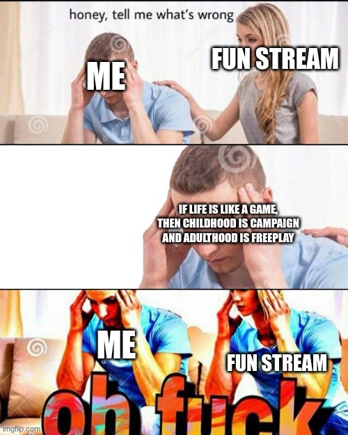 I mean, i'm not wrong | FUN STREAM; ME; IF LIFE IS LIKE A GAME, THEN CHILDHOOD IS CAMPAIGN AND ADULTHOOD IS FREEPLAY; ME; FUN STREAM | image tagged in oh f ck | made w/ Imgflip meme maker