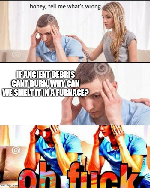 OH F*CK | IF ANCIENT DEBRIS CANT BURN, WHY CAN WE SMELT IT IN A FURNACE? | image tagged in oh f ck | made w/ Imgflip meme maker