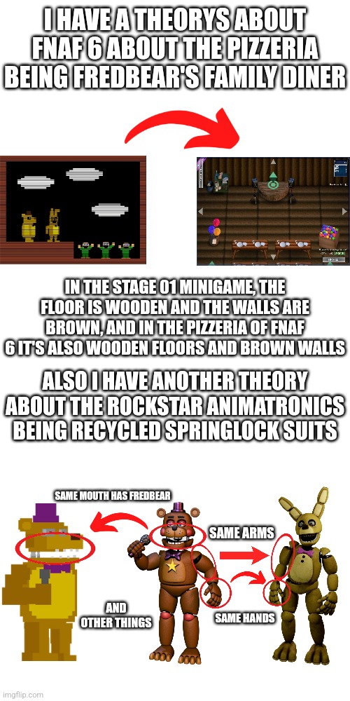 FNAF 6 theorys | I HAVE A THEORYS ABOUT FNAF 6 ABOUT THE PIZZERIA BEING FREDBEAR'S FAMILY DINER; IN THE STAGE 01 MINIGAME, THE FLOOR IS WOODEN AND THE WALLS ARE BROWN, AND IN THE PIZZERIA OF FNAF 6 IT'S ALSO WOODEN FLOORS AND BROWN WALLS; ALSO I HAVE ANOTHER THEORY ABOUT THE ROCKSTAR ANIMATRONICS BEING RECYCLED SPRINGLOCK SUITS; SAME MOUTH HAS FREDBEAR; SAME ARMS; AND OTHER THINGS; SAME HANDS | image tagged in fnaf | made w/ Imgflip meme maker