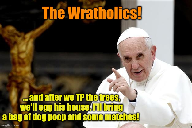 angry pope francis | ... and after we TP the trees, we'll egg his house. I'll bring a bag of dog poop and some matches! The Wratholics! | image tagged in angry pope francis | made w/ Imgflip meme maker