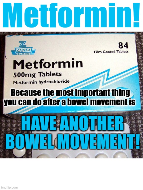 Metformin (yulehaftapupahlot) | Metformin! Because the most important thing you can do after a bowel movement is; HAVE ANOTHER BOWEL MOVEMENT! | image tagged in prescription,meds,side effects,poop,diabetes,potty humor | made w/ Imgflip meme maker