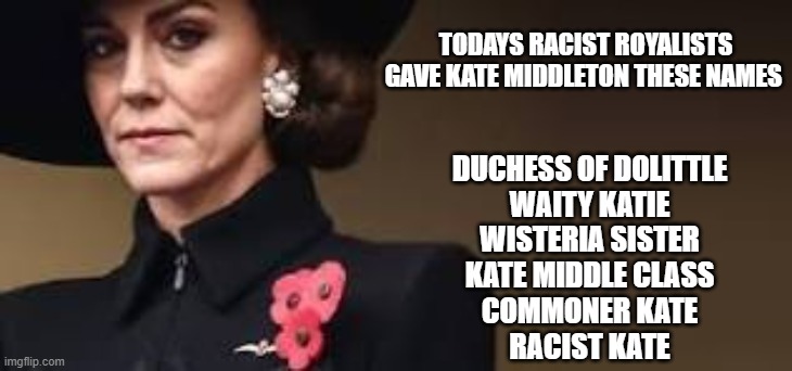 Kate Middleton | TODAYS RACIST ROYALISTS GAVE KATE MIDDLETON THESE NAMES; DUCHESS OF DOLITTLE
WAITY KATIE
WISTERIA SISTER
KATE MIDDLE CLASS
COMMONER KATE
RACIST KATE | image tagged in kate middleton,royal,royal family,prince william,meghan markle | made w/ Imgflip meme maker