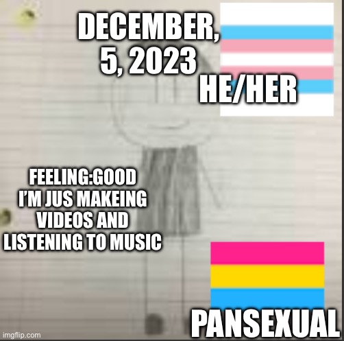 Daily announcement December 6 2023 | DECEMBER, 5, 2023; HE/HER; FEELING:GOOD I’M JUS MAKEING VIDEOS AND LISTENING TO MUSIC; PANSEXUAL | image tagged in pokechimp announcement | made w/ Imgflip meme maker