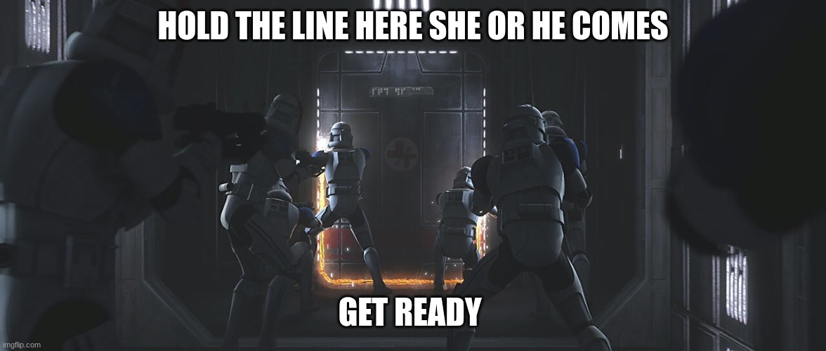 clones | HOLD THE LINE HERE SHE OR HE COMES; GET READY | image tagged in clones | made w/ Imgflip meme maker