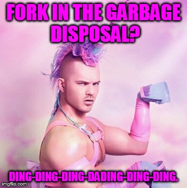 Yes Dance! | FORK IN THE GARBAGE DISPOSAL? DING-DING-DING-DADING-DING-DING. | image tagged in memes,unicorn man,yes,funny | made w/ Imgflip meme maker