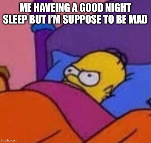 Haveing a good night sleep and being mad | ME HAVEING A GOOD NIGHT SLEEP BUT I’M SUPPOSE TO BE MAD | image tagged in angry homer simpson in bed | made w/ Imgflip meme maker