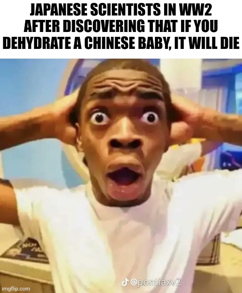 Shocked black guy | JAPANESE SCIENTISTS IN WW2 AFTER DISCOVERING THAT IF YOU DEHYDRATE A CHINESE BABY, IT WILL DIE | image tagged in shocked black guy | made w/ Imgflip meme maker