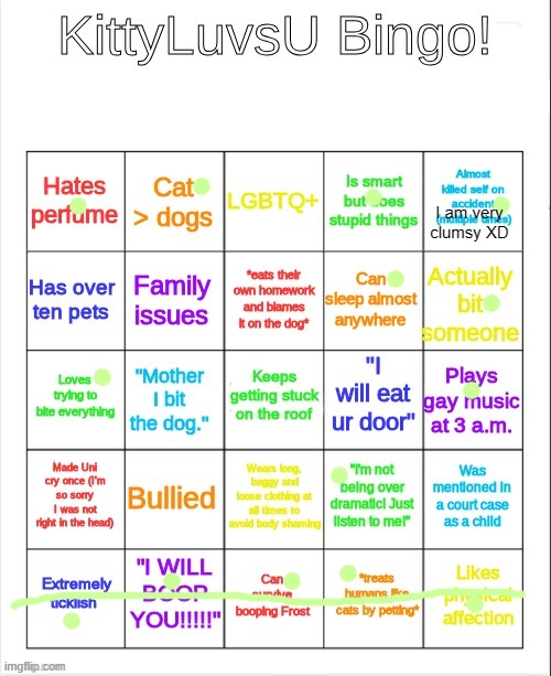 Kitty Bingo (I got one :D) | I am very clumsy XD | image tagged in kittyluvsu bingo | made w/ Imgflip meme maker