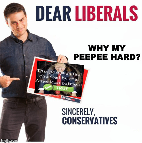 Ben Shapiro Dear Liberals | WHY MY PEEPEE HARD? | image tagged in ben shapiro dear liberals | made w/ Imgflip meme maker