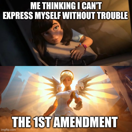 thank you 1st amendment | ME THINKING I CAN'T EXPRESS MYSELF WITHOUT TROUBLE; THE 1ST AMENDMENT | image tagged in overwatch mercy meme | made w/ Imgflip meme maker