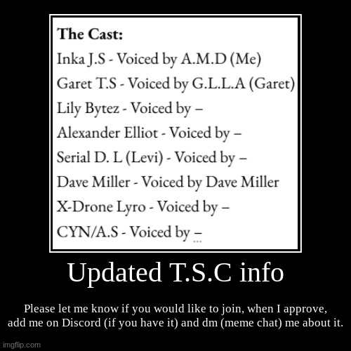Updates! | Updated T.S.C info | Please let me know if you would like to join, when I approve, add me on Discord (if you have it) and dm (meme chat) me  | image tagged in funny,demotivationals,murder drones | made w/ Imgflip demotivational maker