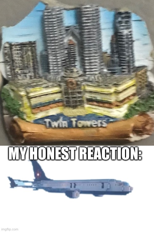The towers go boom | MY HONEST REACTION: | image tagged in minecraft airplane | made w/ Imgflip meme maker
