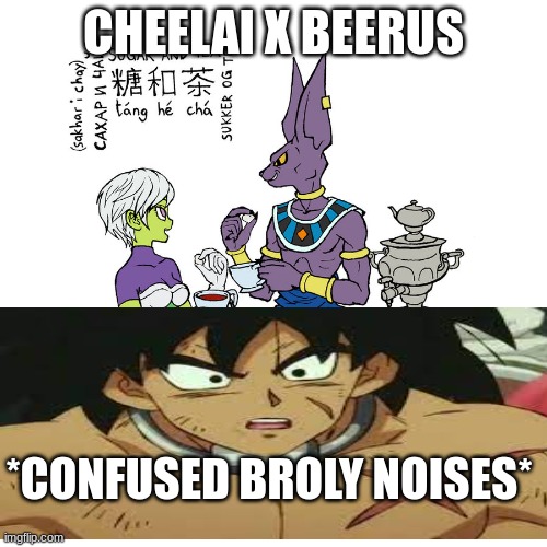 say wha-? | CHEELAI X BEERUS; *CONFUSED BROLY NOISES* | image tagged in broly | made w/ Imgflip meme maker