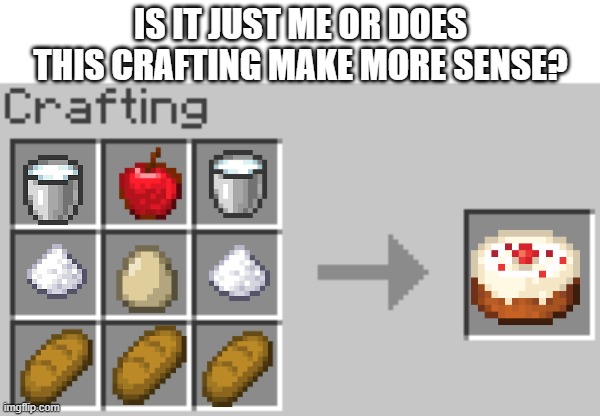 i think its just me | IS IT JUST ME OR DOES THIS CRAFTING MAKE MORE SENSE? | image tagged in synthesis | made w/ Imgflip meme maker
