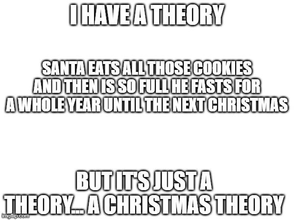 Think about it for a minute | I HAVE A THEORY; SANTA EATS ALL THOSE COOKIES AND THEN IS SO FULL HE FASTS FOR A WHOLE YEAR UNTIL THE NEXT CHRISTMAS; BUT IT'S JUST A THEORY... A CHRISTMAS THEORY | image tagged in memes,christmas,santa,theory | made w/ Imgflip meme maker