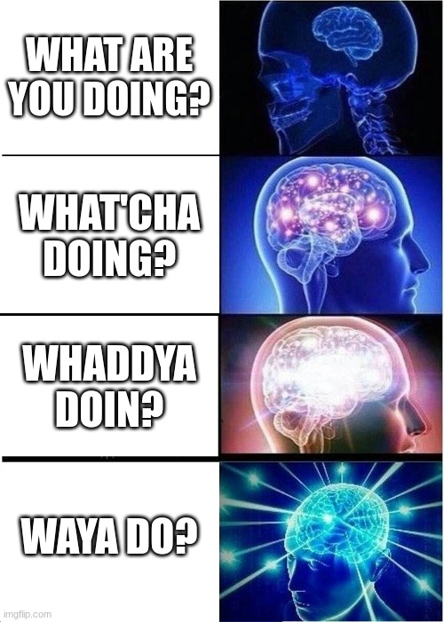 it's been a while since ive made another meme | WHAT ARE YOU DOING? WHAT'CHA DOING? WHADDYA DOIN? WAYA DO? | image tagged in memes,expanding brain,funny,weird,fun,big brain | made w/ Imgflip meme maker