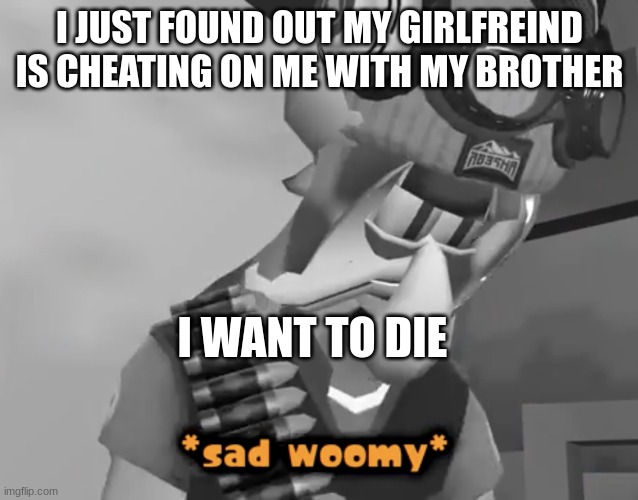 im 15. this is very sad | I JUST FOUND OUT MY GIRLFREIND IS CHEATING ON ME WITH MY BROTHER; I WANT TO DIE | image tagged in sad woomy | made w/ Imgflip meme maker