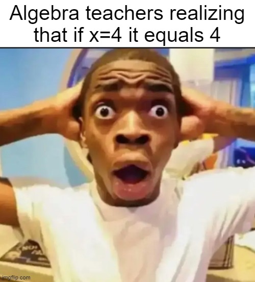 Surprised Black Guy | Algebra teachers realizing that if x=4 it equals 4 | image tagged in surprised black guy | made w/ Imgflip meme maker