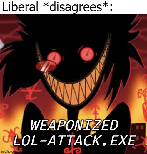 insanity | Liberal *disagrees*:; WEAPONIZED LOL-ATTACK.EXE | image tagged in insanity,liberals,american politics | made w/ Imgflip meme maker