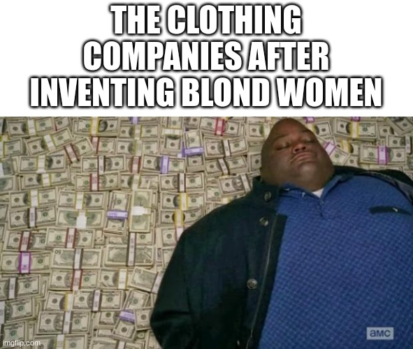 Steps to the Apocalypse: Invent a currency, invent clothing companies, invent blond women, the blond women will buy all the clot | THE CLOTHING COMPANIES AFTER INVENTING BLOND WOMEN | image tagged in huell money,blondes,bankruptcy | made w/ Imgflip meme maker