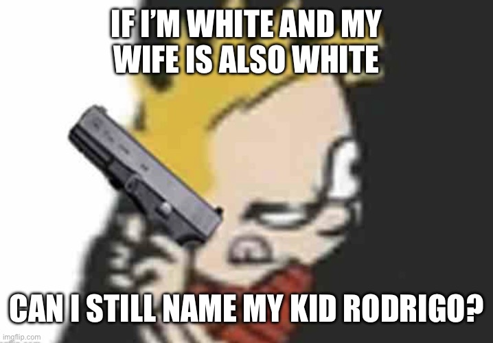 Calvin gun | IF I’M WHITE AND MY
WIFE IS ALSO WHITE; CAN I STILL NAME MY KID RODRIGO? | image tagged in calvin gun | made w/ Imgflip meme maker