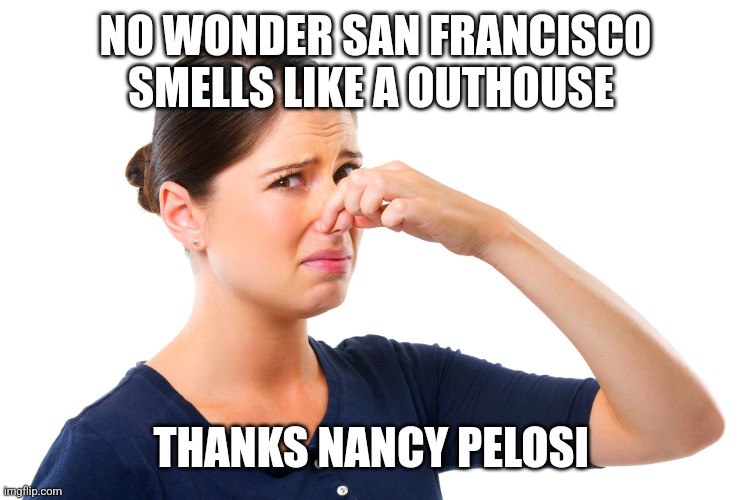 woman holding her nose | NO WONDER SAN FRANCISCO SMELLS LIKE A OUTHOUSE THANKS NANCY PELOSI | image tagged in woman holding her nose | made w/ Imgflip meme maker