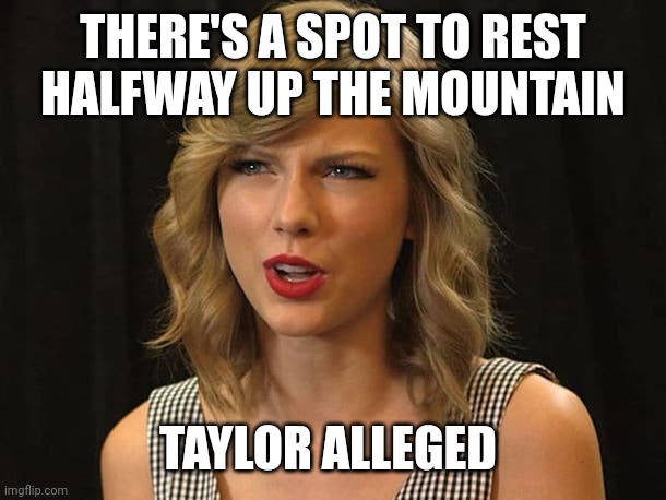 Taylor alleged | THERE'S A SPOT TO REST HALFWAY UP THE MOUNTAIN; TAYLOR ALLEGED | image tagged in taylor swiftie | made w/ Imgflip meme maker