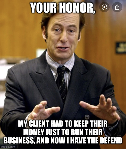 Your Honor, | YOUR HONOR, MY CLIENT HAD TO KEEP THEIR MONEY JUST TO RUN THEIR BUSINESS, AND NOW I HAVE THE DEFEND | image tagged in your honor | made w/ Imgflip meme maker