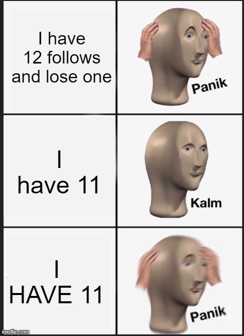 panik calm panik | I have 12 follows and lose one; I have 11; I HAVE 11 | image tagged in panik calm panik | made w/ Imgflip meme maker