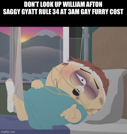 Cartman Hospital | DON’T LOOK UP WILLIAM AFTON SAGGY GYATT RULE 34 AT 3AM GAY FURRY COSTUME | image tagged in cartman hospital | made w/ Imgflip meme maker