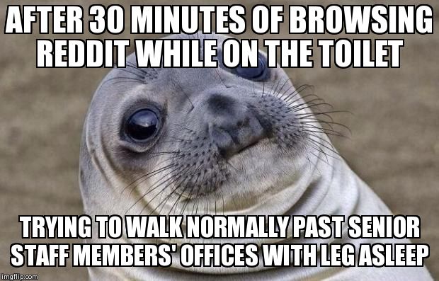 Awkward Moment Sealion | AFTER 30 MINUTES OF BROWSING REDDIT WHILE ON THE TOILET TRYING TO WALK NORMALLY PAST SENIOR STAFF MEMBERS' OFFICES WITH LEG ASLEEP | image tagged in heavy breathing seal,AdviceAnimals | made w/ Imgflip meme maker