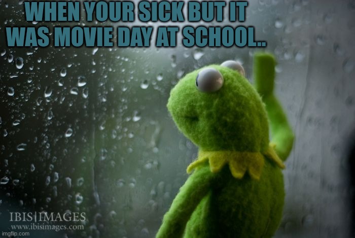 sad | WHEN YOUR SICK BUT IT WAS MOVIE DAY AT SCHOOL.. | image tagged in kermit window,relatable,sick,school,movie,sad | made w/ Imgflip meme maker