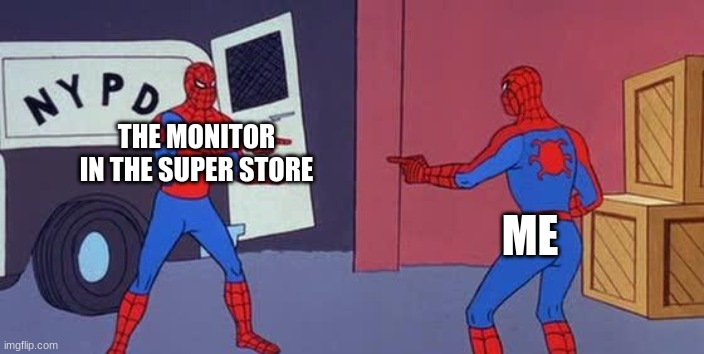 me when i enter the superstore with my mom | THE MONITOR IN THE SUPER STORE; ME | image tagged in spider man double | made w/ Imgflip meme maker