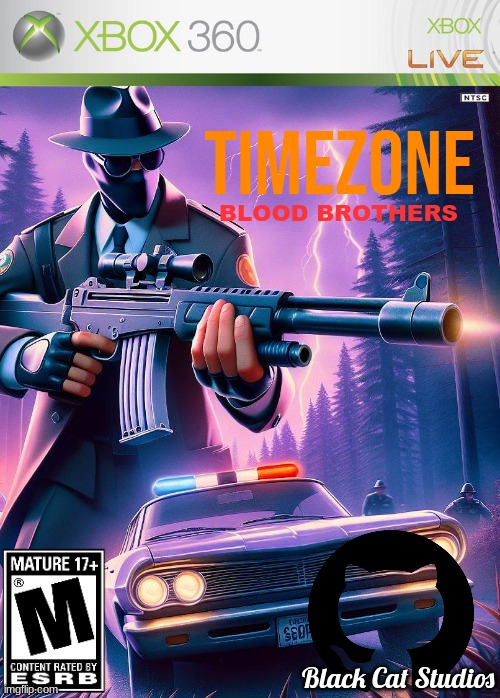TimeZone: Blood Brothers, the first DLC campaign focused on a new character! | TimeZone; BLOOD BROTHERS; Black Cat Studios | image tagged in timezone,cartoon,movie,game,idea,dlc cover | made w/ Imgflip meme maker