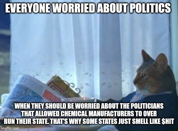 I Should Buy A Boat Cat | EVERYONE WORRIED ABOUT POLITICS; WHEN THEY SHOULD BE WORRIED ABOUT THE POLITICIANS THAT ALLOWED CHEMICAL MANUFACTURERS TO OVER RUN THEIR STATE. THAT'S WHY SOME STATES JUST SMELL LIKE $HIT | image tagged in memes,i should buy a boat cat | made w/ Imgflip meme maker