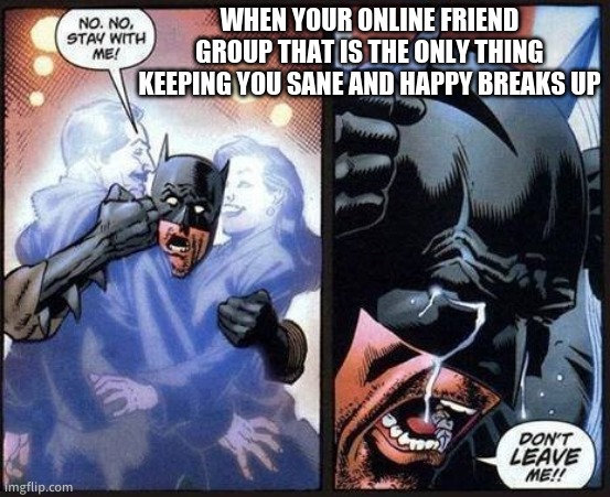 Batman don't leave me | WHEN YOUR ONLINE FRIEND GROUP THAT IS THE ONLY THING KEEPING YOU SANE AND HAPPY BREAKS UP | image tagged in batman don't leave me | made w/ Imgflip meme maker