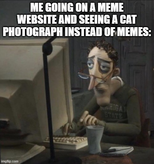 Coraline dad | ME GOING ON A MEME WEBSITE AND SEEING A CAT PHOTOGRAPH INSTEAD OF MEMES: | image tagged in coraline dad | made w/ Imgflip meme maker