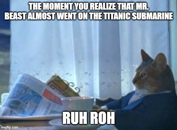 No easter eggs here :) | THE MOMENT YOU REALIZE THAT MR. BEAST ALMOST WENT ON THE TITANIC SUBMARINE; RUH ROH | image tagged in memes,i should buy a boat cat,mrbeast,mr beast,stop reading the tags,never gonna give you up | made w/ Imgflip meme maker