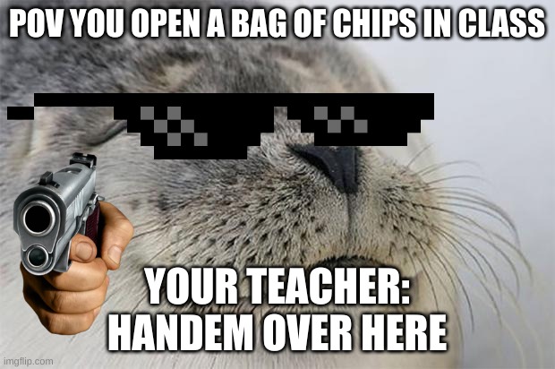 baga chips | POV YOU OPEN A BAG OF CHIPS IN CLASS; YOUR TEACHER:
HANDEM OVER HERE | image tagged in memes,satisfied seal | made w/ Imgflip meme maker